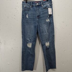 Guess Womens Jeans 29x25 Margo High Waist Straight Medium Wash Destroyed Raw Hem